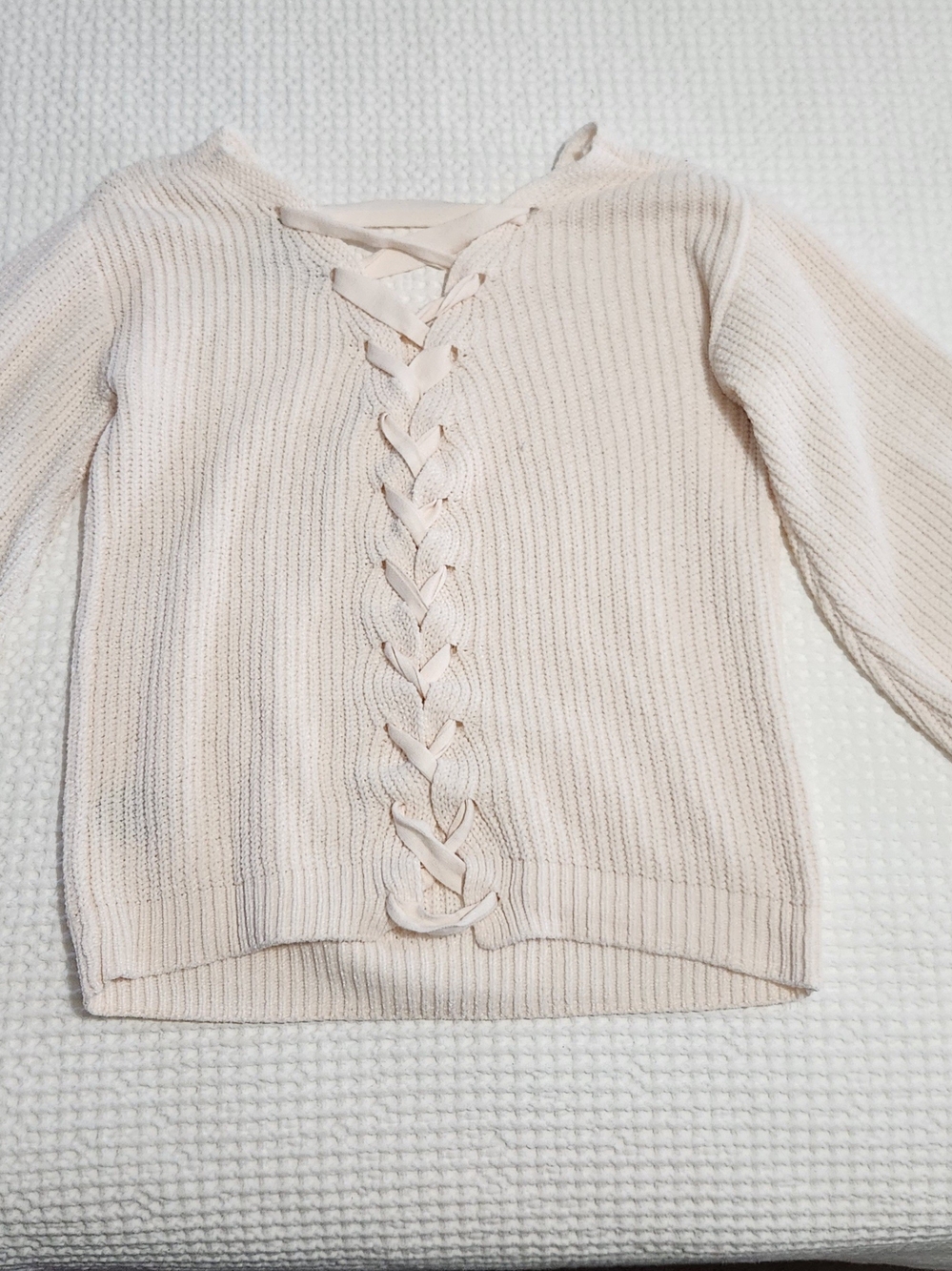 Women's Cream Lace-Up Knit Sweater